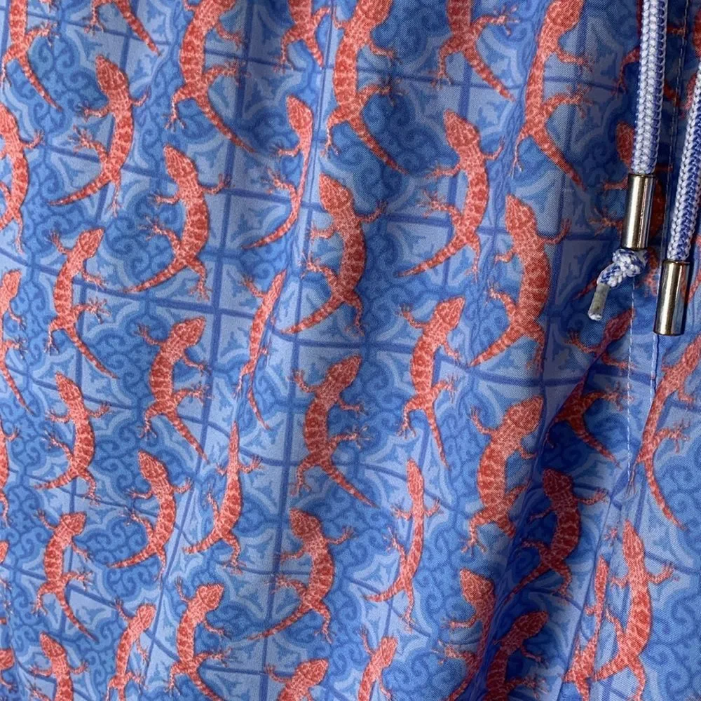 Peter Millar Men's Blue Orange All-Over Lizard Print Swim Shorts Size XL